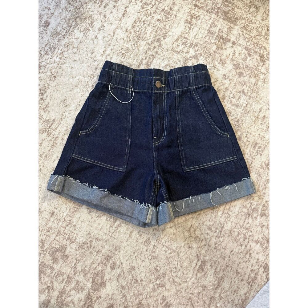 Zara Women's High Rise Cuffed Raw Hem Paperbag Denim Shorts Blue Sz 04 NWOT